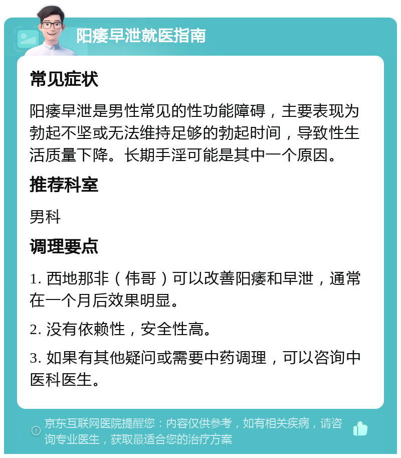 阳痿早泄就医指南 常见症状 阳痿早泄是男性常见的性功能障碍，主要表现为勃起不坚或无法维持足够的勃起时间，导致性生活质量下降。长期手淫可能是其中一个原因。 推荐科室 男科 调理要点 1. 西地那非（伟哥）可以改善阳痿和早泄，通常在一个月后效果明显。 2. 没有依赖性，安全性高。 3. 如果有其他疑问或需要中药调理，可以咨询中医科医生。