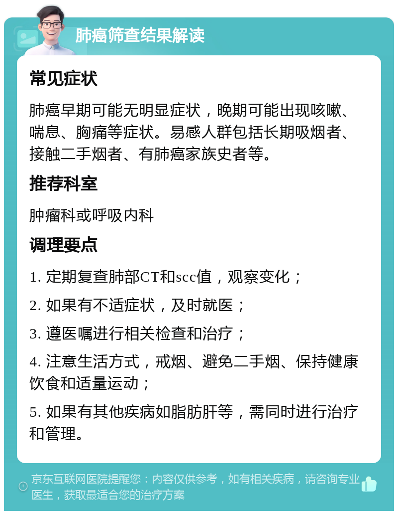 肺癌筛查结果解读 常见症状 肺癌早期可能无明显症状，晚期可能出现咳嗽、喘息、胸痛等症状。易感人群包括长期吸烟者、接触二手烟者、有肺癌家族史者等。 推荐科室 肿瘤科或呼吸内科 调理要点 1. 定期复查肺部CT和scc值，观察变化； 2. 如果有不适症状，及时就医； 3. 遵医嘱进行相关检查和治疗； 4. 注意生活方式，戒烟、避免二手烟、保持健康饮食和适量运动； 5. 如果有其他疾病如脂肪肝等，需同时进行治疗和管理。