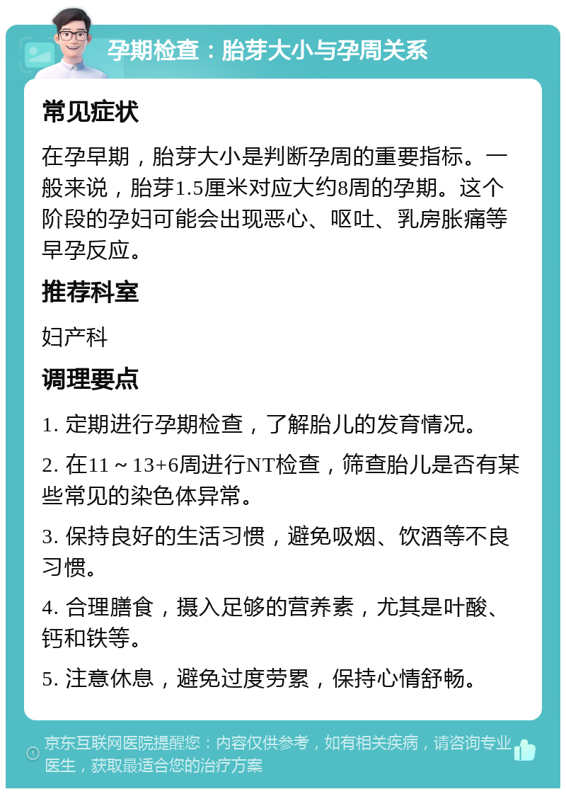 孕期检查：胎芽大小与孕周关系 常见症状 在孕早期，胎芽大小是判断孕周的重要指标。一般来说，胎芽1.5厘米对应大约8周的孕期。这个阶段的孕妇可能会出现恶心、呕吐、乳房胀痛等早孕反应。 推荐科室 妇产科 调理要点 1. 定期进行孕期检查，了解胎儿的发育情况。 2. 在11～13+6周进行NT检查，筛查胎儿是否有某些常见的染色体异常。 3. 保持良好的生活习惯，避免吸烟、饮酒等不良习惯。 4. 合理膳食，摄入足够的营养素，尤其是叶酸、钙和铁等。 5. 注意休息，避免过度劳累，保持心情舒畅。