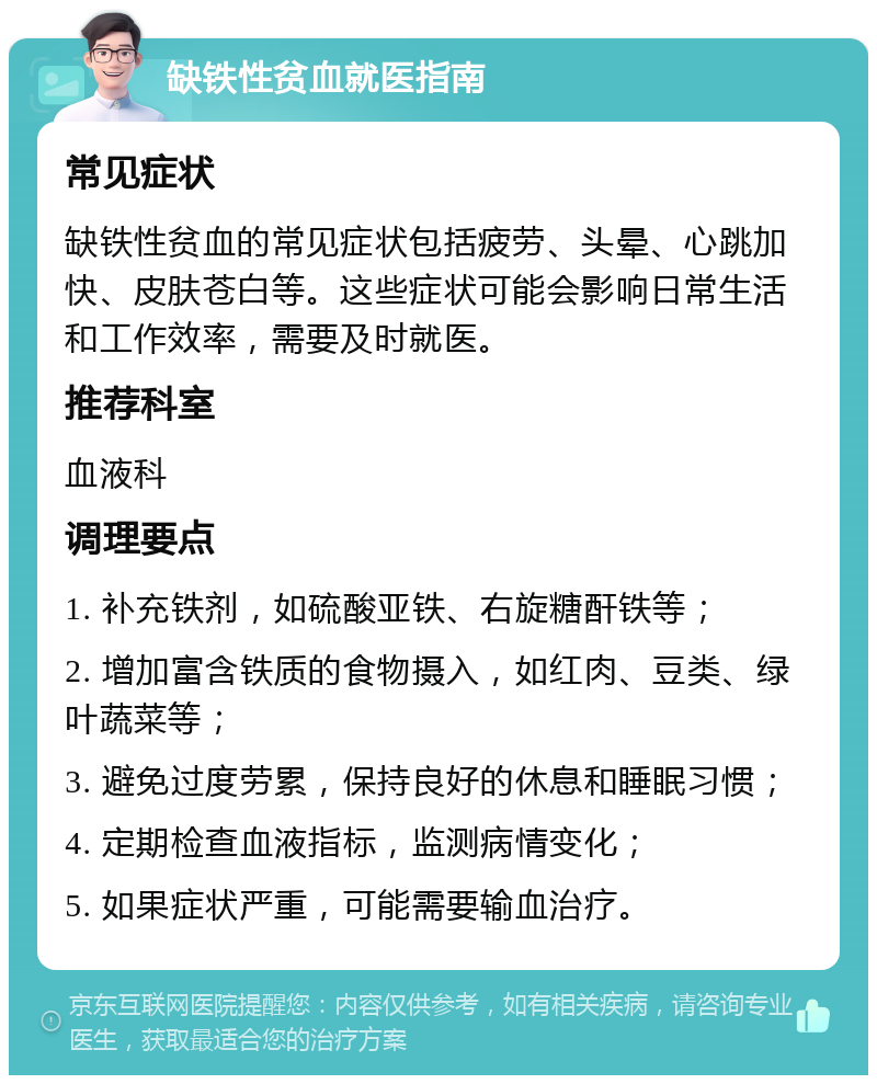 缺铁性贫血就医指南 常见症状 缺铁性贫血的常见症状包括疲劳、头晕、心跳加快、皮肤苍白等。这些症状可能会影响日常生活和工作效率，需要及时就医。 推荐科室 血液科 调理要点 1. 补充铁剂，如硫酸亚铁、右旋糖酐铁等； 2. 增加富含铁质的食物摄入，如红肉、豆类、绿叶蔬菜等； 3. 避免过度劳累，保持良好的休息和睡眠习惯； 4. 定期检查血液指标，监测病情变化； 5. 如果症状严重，可能需要输血治疗。