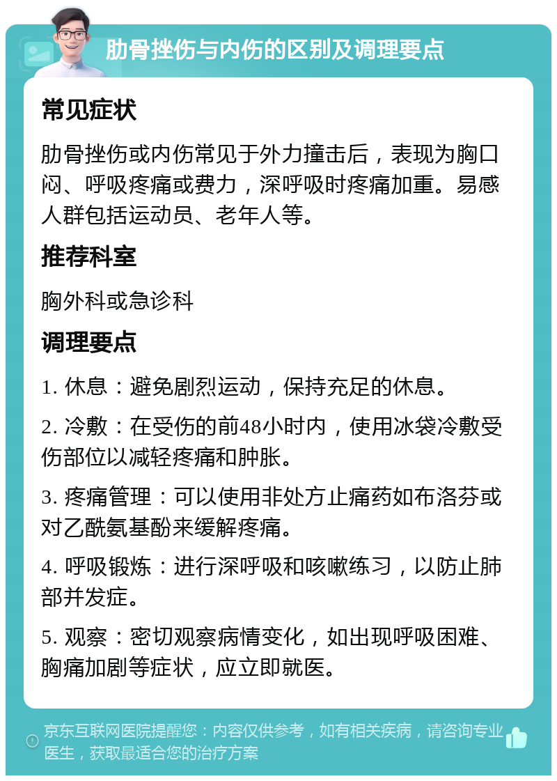 肋骨挫伤与内伤的区别及调理要点 常见症状 肋骨挫伤或内伤常见于外力撞击后，表现为胸口闷、呼吸疼痛或费力，深呼吸时疼痛加重。易感人群包括运动员、老年人等。 推荐科室 胸外科或急诊科 调理要点 1. 休息：避免剧烈运动，保持充足的休息。 2. 冷敷：在受伤的前48小时内，使用冰袋冷敷受伤部位以减轻疼痛和肿胀。 3. 疼痛管理：可以使用非处方止痛药如布洛芬或对乙酰氨基酚来缓解疼痛。 4. 呼吸锻炼：进行深呼吸和咳嗽练习，以防止肺部并发症。 5. 观察：密切观察病情变化，如出现呼吸困难、胸痛加剧等症状，应立即就医。