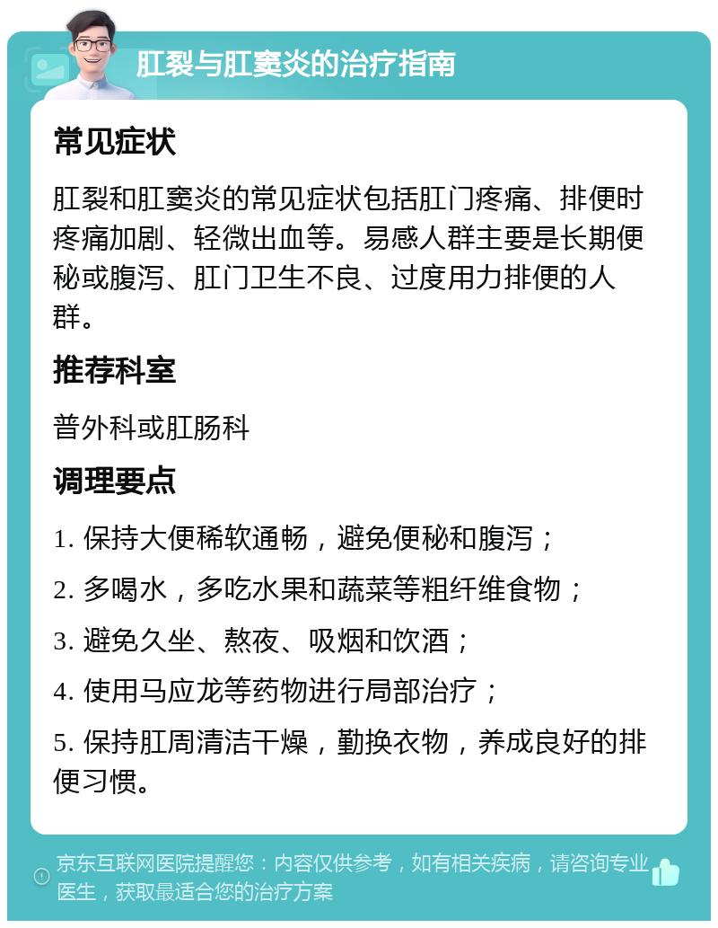 肛裂与肛窦炎的治疗指南 常见症状 肛裂和肛窦炎的常见症状包括肛门疼痛、排便时疼痛加剧、轻微出血等。易感人群主要是长期便秘或腹泻、肛门卫生不良、过度用力排便的人群。 推荐科室 普外科或肛肠科 调理要点 1. 保持大便稀软通畅，避免便秘和腹泻； 2. 多喝水，多吃水果和蔬菜等粗纤维食物； 3. 避免久坐、熬夜、吸烟和饮酒； 4. 使用马应龙等药物进行局部治疗； 5. 保持肛周清洁干燥，勤换衣物，养成良好的排便习惯。