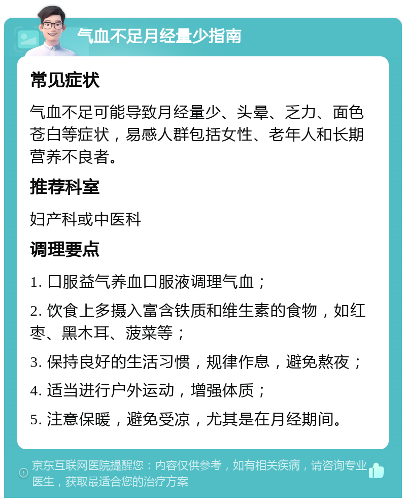 气血不足月经量少指南 常见症状 气血不足可能导致月经量少、头晕、乏力、面色苍白等症状，易感人群包括女性、老年人和长期营养不良者。 推荐科室 妇产科或中医科 调理要点 1. 口服益气养血口服液调理气血； 2. 饮食上多摄入富含铁质和维生素的食物，如红枣、黑木耳、菠菜等； 3. 保持良好的生活习惯，规律作息，避免熬夜； 4. 适当进行户外运动，增强体质； 5. 注意保暖，避免受凉，尤其是在月经期间。