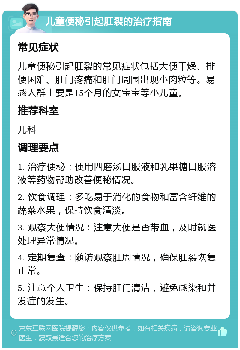 儿童便秘引起肛裂的治疗指南 常见症状 儿童便秘引起肛裂的常见症状包括大便干燥、排便困难、肛门疼痛和肛门周围出现小肉粒等。易感人群主要是15个月的女宝宝等小儿童。 推荐科室 儿科 调理要点 1. 治疗便秘：使用四磨汤口服液和乳果糖口服溶液等药物帮助改善便秘情况。 2. 饮食调理：多吃易于消化的食物和富含纤维的蔬菜水果，保持饮食清淡。 3. 观察大便情况：注意大便是否带血，及时就医处理异常情况。 4. 定期复查：随访观察肛周情况，确保肛裂恢复正常。 5. 注意个人卫生：保持肛门清洁，避免感染和并发症的发生。