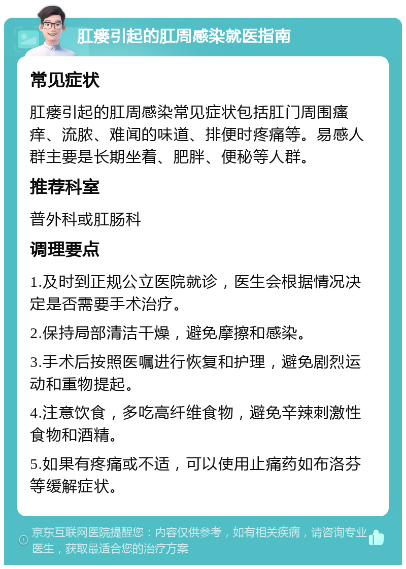 肛瘘引起的肛周感染就医指南 常见症状 肛瘘引起的肛周感染常见症状包括肛门周围瘙痒、流脓、难闻的味道、排便时疼痛等。易感人群主要是长期坐着、肥胖、便秘等人群。 推荐科室 普外科或肛肠科 调理要点 1.及时到正规公立医院就诊，医生会根据情况决定是否需要手术治疗。 2.保持局部清洁干燥，避免摩擦和感染。 3.手术后按照医嘱进行恢复和护理，避免剧烈运动和重物提起。 4.注意饮食，多吃高纤维食物，避免辛辣刺激性食物和酒精。 5.如果有疼痛或不适，可以使用止痛药如布洛芬等缓解症状。