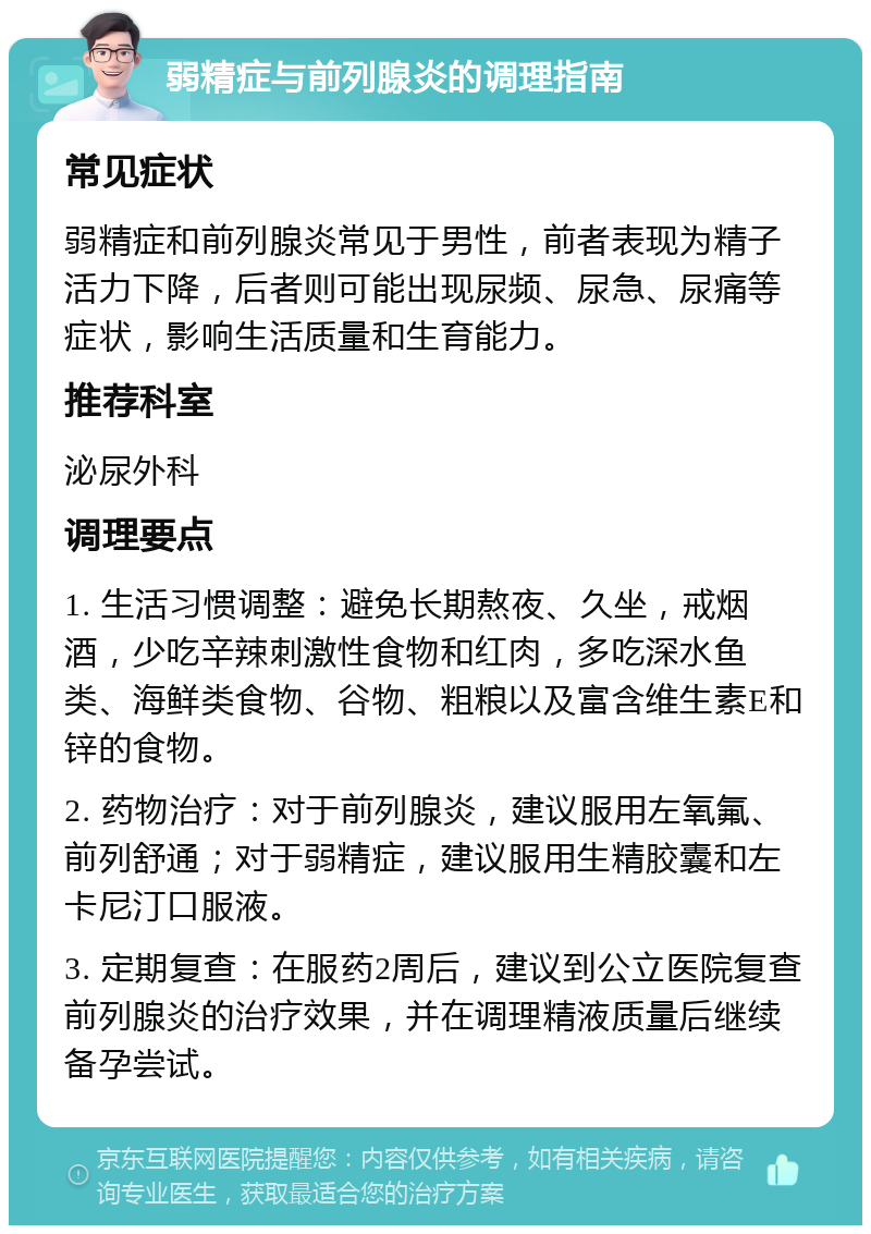 弱精症与前列腺炎的调理指南 常见症状 弱精症和前列腺炎常见于男性，前者表现为精子活力下降，后者则可能出现尿频、尿急、尿痛等症状，影响生活质量和生育能力。 推荐科室 泌尿外科 调理要点 1. 生活习惯调整：避免长期熬夜、久坐，戒烟酒，少吃辛辣刺激性食物和红肉，多吃深水鱼类、海鲜类食物、谷物、粗粮以及富含维生素E和锌的食物。 2. 药物治疗：对于前列腺炎，建议服用左氧氟、前列舒通；对于弱精症，建议服用生精胶囊和左卡尼汀口服液。 3. 定期复查：在服药2周后，建议到公立医院复查前列腺炎的治疗效果，并在调理精液质量后继续备孕尝试。