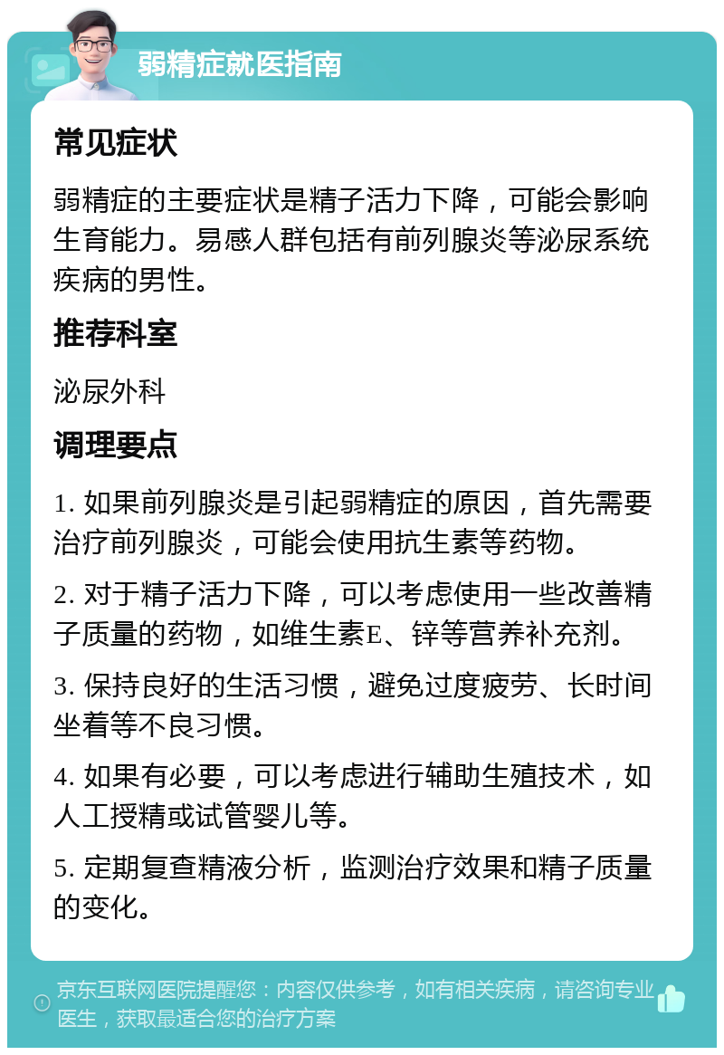 弱精症就医指南 常见症状 弱精症的主要症状是精子活力下降，可能会影响生育能力。易感人群包括有前列腺炎等泌尿系统疾病的男性。 推荐科室 泌尿外科 调理要点 1. 如果前列腺炎是引起弱精症的原因，首先需要治疗前列腺炎，可能会使用抗生素等药物。 2. 对于精子活力下降，可以考虑使用一些改善精子质量的药物，如维生素E、锌等营养补充剂。 3. 保持良好的生活习惯，避免过度疲劳、长时间坐着等不良习惯。 4. 如果有必要，可以考虑进行辅助生殖技术，如人工授精或试管婴儿等。 5. 定期复查精液分析，监测治疗效果和精子质量的变化。