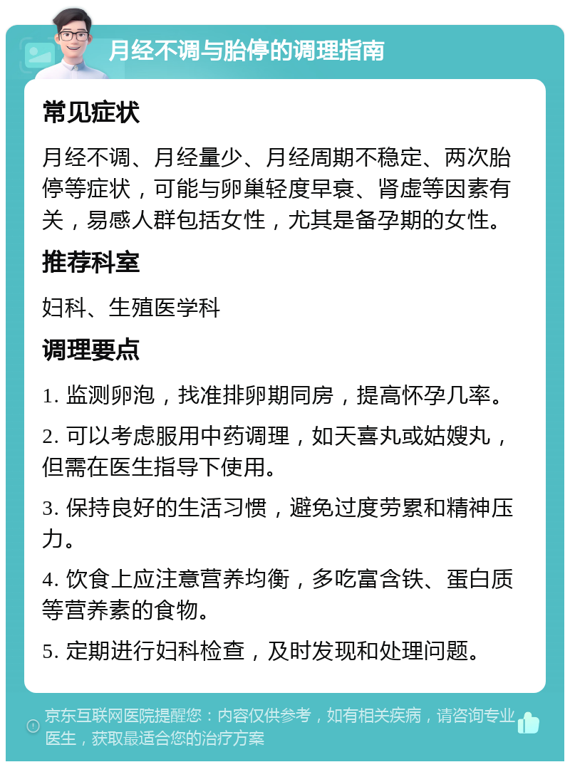 月经不调与胎停的调理指南 常见症状 月经不调、月经量少、月经周期不稳定、两次胎停等症状，可能与卵巢轻度早衰、肾虚等因素有关，易感人群包括女性，尤其是备孕期的女性。 推荐科室 妇科、生殖医学科 调理要点 1. 监测卵泡，找准排卵期同房，提高怀孕几率。 2. 可以考虑服用中药调理，如天喜丸或姑嫂丸，但需在医生指导下使用。 3. 保持良好的生活习惯，避免过度劳累和精神压力。 4. 饮食上应注意营养均衡，多吃富含铁、蛋白质等营养素的食物。 5. 定期进行妇科检查，及时发现和处理问题。