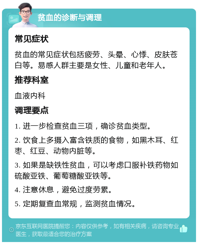 贫血的诊断与调理 常见症状 贫血的常见症状包括疲劳、头晕、心悸、皮肤苍白等。易感人群主要是女性、儿童和老年人。 推荐科室 血液内科 调理要点 1. 进一步检查贫血三项，确诊贫血类型。 2. 饮食上多摄入富含铁质的食物，如黑木耳、红枣、红豆、动物内脏等。 3. 如果是缺铁性贫血，可以考虑口服补铁药物如硫酸亚铁、葡萄糖酸亚铁等。 4. 注意休息，避免过度劳累。 5. 定期复查血常规，监测贫血情况。