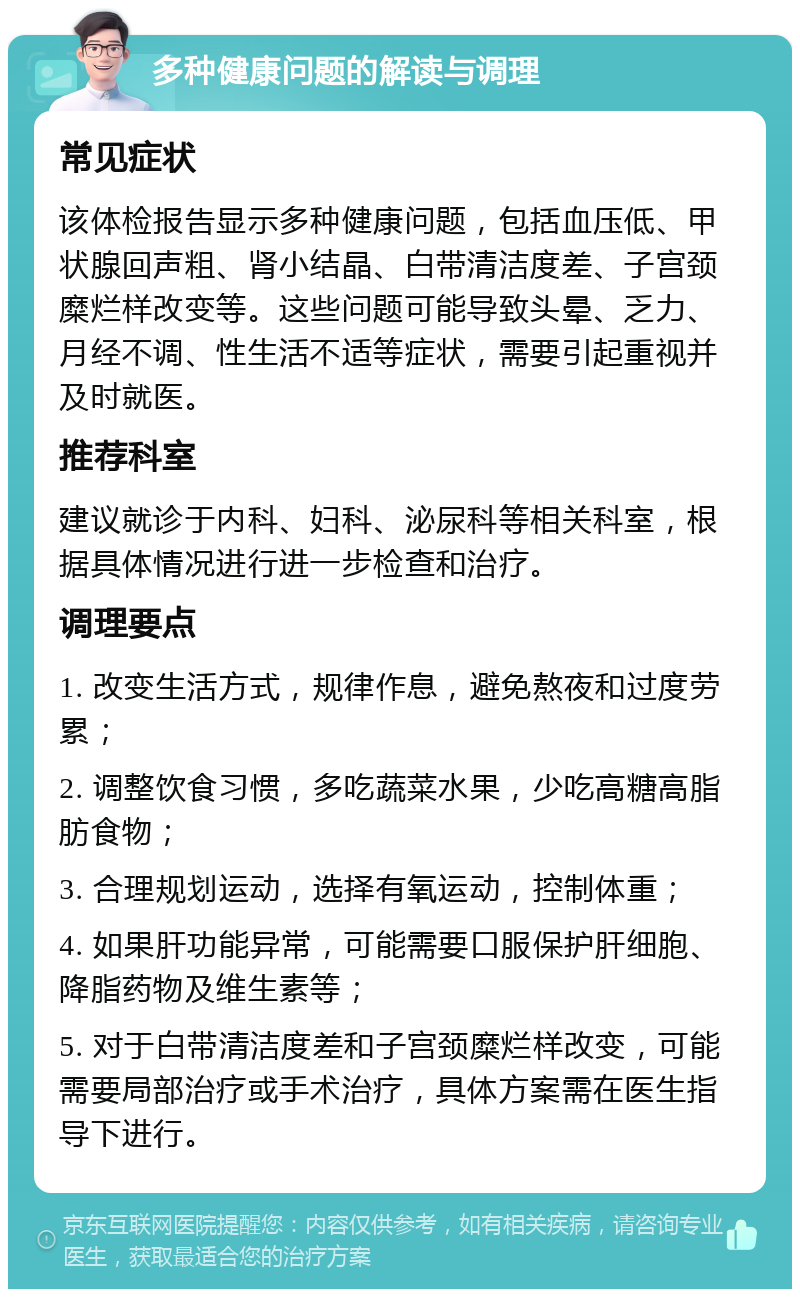 多种健康问题的解读与调理 常见症状 该体检报告显示多种健康问题，包括血压低、甲状腺回声粗、肾小结晶、白带清洁度差、子宫颈糜烂样改变等。这些问题可能导致头晕、乏力、月经不调、性生活不适等症状，需要引起重视并及时就医。 推荐科室 建议就诊于内科、妇科、泌尿科等相关科室，根据具体情况进行进一步检查和治疗。 调理要点 1. 改变生活方式，规律作息，避免熬夜和过度劳累； 2. 调整饮食习惯，多吃蔬菜水果，少吃高糖高脂肪食物； 3. 合理规划运动，选择有氧运动，控制体重； 4. 如果肝功能异常，可能需要口服保护肝细胞、降脂药物及维生素等； 5. 对于白带清洁度差和子宫颈糜烂样改变，可能需要局部治疗或手术治疗，具体方案需在医生指导下进行。