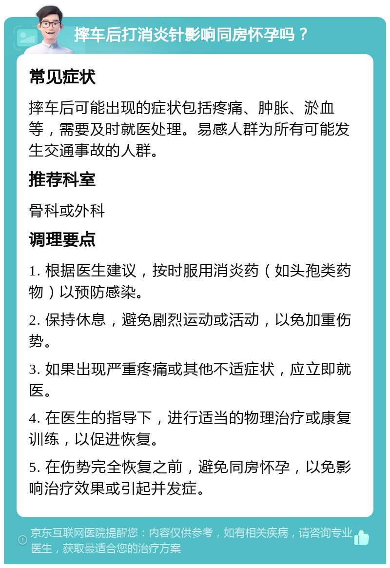 摔车后打消炎针影响同房怀孕吗？ 常见症状 摔车后可能出现的症状包括疼痛、肿胀、淤血等，需要及时就医处理。易感人群为所有可能发生交通事故的人群。 推荐科室 骨科或外科 调理要点 1. 根据医生建议，按时服用消炎药（如头孢类药物）以预防感染。 2. 保持休息，避免剧烈运动或活动，以免加重伤势。 3. 如果出现严重疼痛或其他不适症状，应立即就医。 4. 在医生的指导下，进行适当的物理治疗或康复训练，以促进恢复。 5. 在伤势完全恢复之前，避免同房怀孕，以免影响治疗效果或引起并发症。