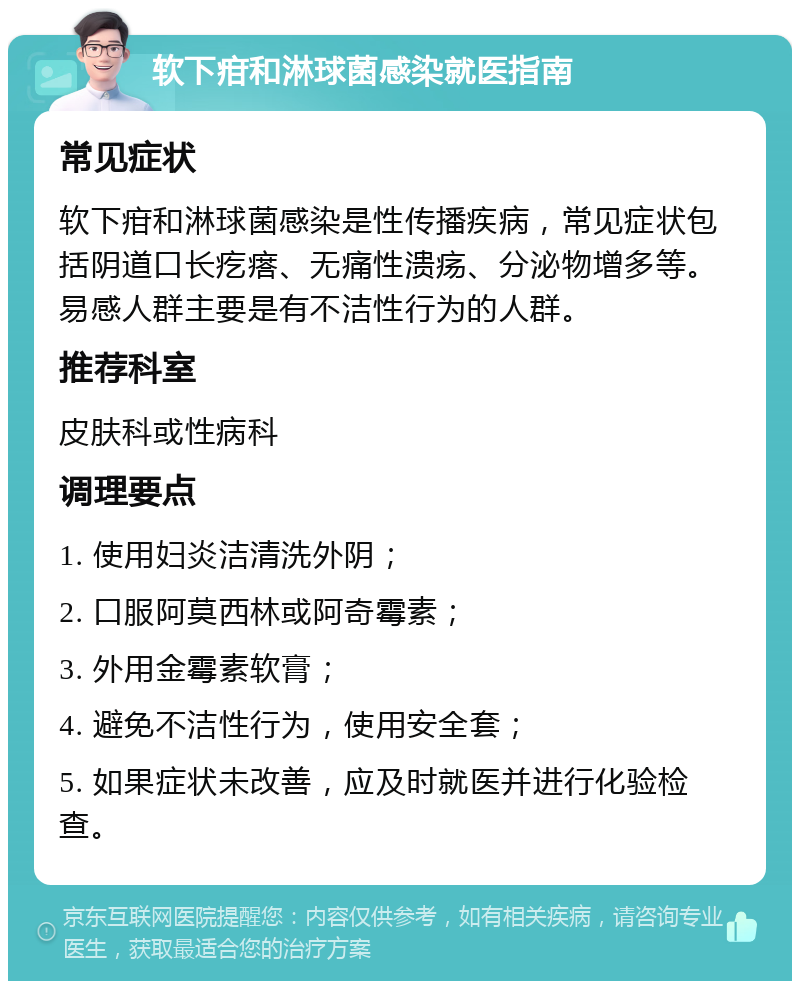 软下疳和淋球菌感染就医指南 常见症状 软下疳和淋球菌感染是性传播疾病，常见症状包括阴道口长疙瘩、无痛性溃疡、分泌物增多等。易感人群主要是有不洁性行为的人群。 推荐科室 皮肤科或性病科 调理要点 1. 使用妇炎洁清洗外阴； 2. 口服阿莫西林或阿奇霉素； 3. 外用金霉素软膏； 4. 避免不洁性行为，使用安全套； 5. 如果症状未改善，应及时就医并进行化验检查。