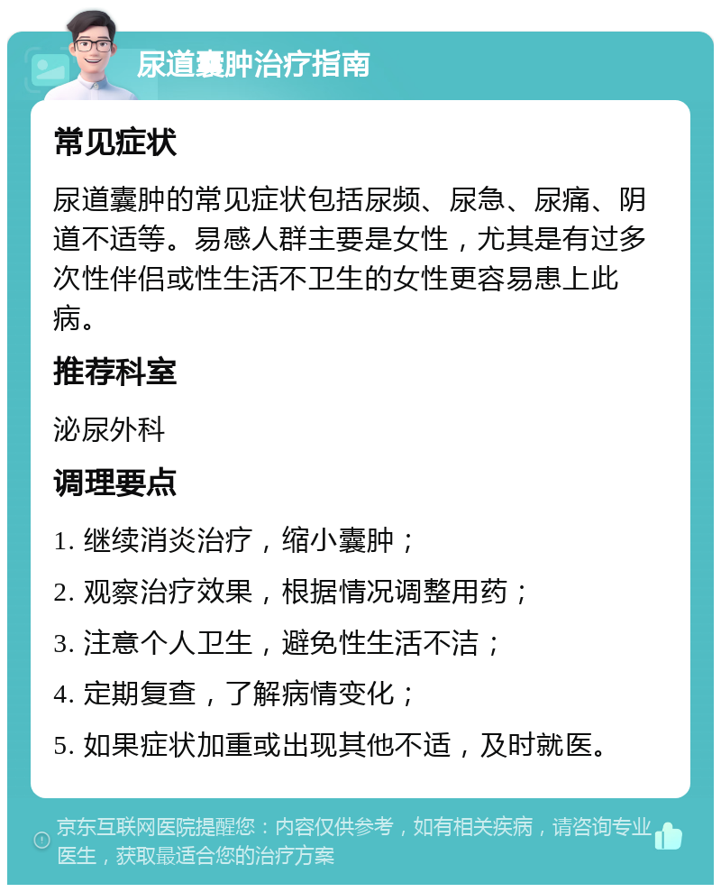 尿道囊肿治疗指南 常见症状 尿道囊肿的常见症状包括尿频、尿急、尿痛、阴道不适等。易感人群主要是女性，尤其是有过多次性伴侣或性生活不卫生的女性更容易患上此病。 推荐科室 泌尿外科 调理要点 1. 继续消炎治疗，缩小囊肿； 2. 观察治疗效果，根据情况调整用药； 3. 注意个人卫生，避免性生活不洁； 4. 定期复查，了解病情变化； 5. 如果症状加重或出现其他不适，及时就医。