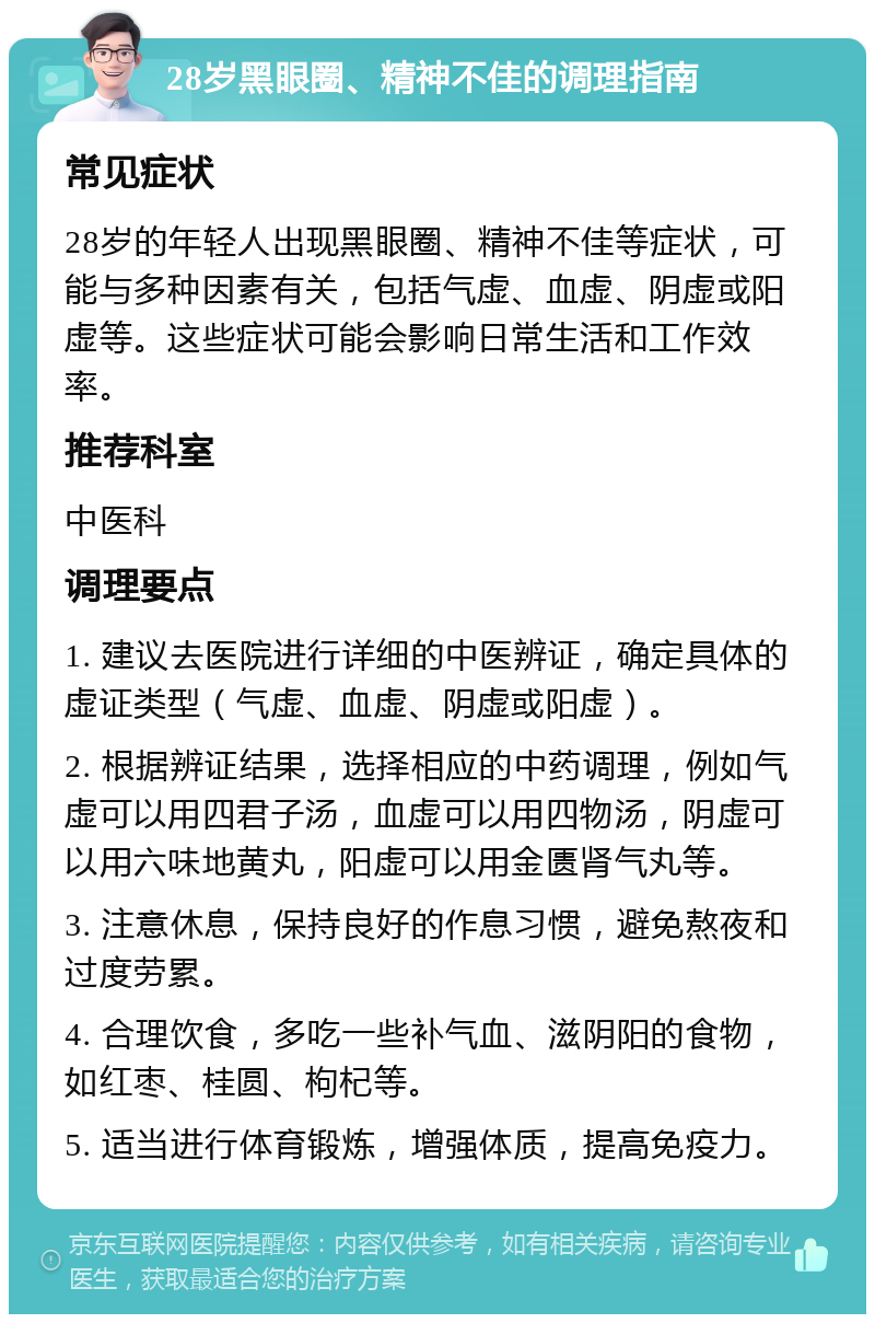 28岁黑眼圈、精神不佳的调理指南 常见症状 28岁的年轻人出现黑眼圈、精神不佳等症状，可能与多种因素有关，包括气虚、血虚、阴虚或阳虚等。这些症状可能会影响日常生活和工作效率。 推荐科室 中医科 调理要点 1. 建议去医院进行详细的中医辨证，确定具体的虚证类型（气虚、血虚、阴虚或阳虚）。 2. 根据辨证结果，选择相应的中药调理，例如气虚可以用四君子汤，血虚可以用四物汤，阴虚可以用六味地黄丸，阳虚可以用金匮肾气丸等。 3. 注意休息，保持良好的作息习惯，避免熬夜和过度劳累。 4. 合理饮食，多吃一些补气血、滋阴阳的食物，如红枣、桂圆、枸杞等。 5. 适当进行体育锻炼，增强体质，提高免疫力。