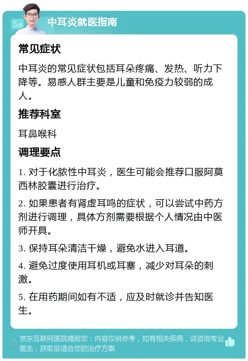 中耳炎就医指南 常见症状 中耳炎的常见症状包括耳朵疼痛、发热、听力下降等。易感人群主要是儿童和免疫力较弱的成人。 推荐科室 耳鼻喉科 调理要点 1. 对于化脓性中耳炎，医生可能会推荐口服阿莫西林胶囊进行治疗。 2. 如果患者有肾虚耳鸣的症状，可以尝试中药方剂进行调理，具体方剂需要根据个人情况由中医师开具。 3. 保持耳朵清洁干燥，避免水进入耳道。 4. 避免过度使用耳机或耳塞，减少对耳朵的刺激。 5. 在用药期间如有不适，应及时就诊并告知医生。