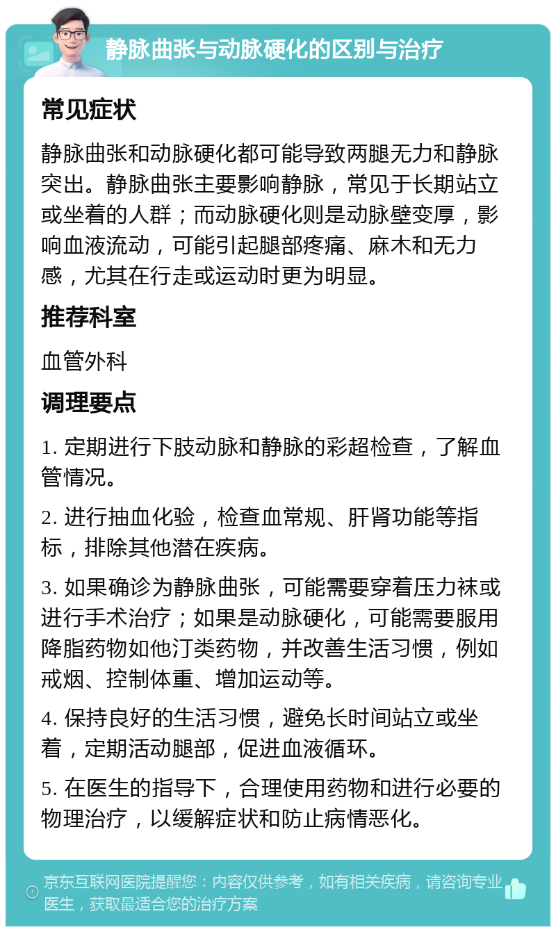 静脉曲张与动脉硬化的区别与治疗 常见症状 静脉曲张和动脉硬化都可能导致两腿无力和静脉突出。静脉曲张主要影响静脉，常见于长期站立或坐着的人群；而动脉硬化则是动脉壁变厚，影响血液流动，可能引起腿部疼痛、麻木和无力感，尤其在行走或运动时更为明显。 推荐科室 血管外科 调理要点 1. 定期进行下肢动脉和静脉的彩超检查，了解血管情况。 2. 进行抽血化验，检查血常规、肝肾功能等指标，排除其他潜在疾病。 3. 如果确诊为静脉曲张，可能需要穿着压力袜或进行手术治疗；如果是动脉硬化，可能需要服用降脂药物如他汀类药物，并改善生活习惯，例如戒烟、控制体重、增加运动等。 4. 保持良好的生活习惯，避免长时间站立或坐着，定期活动腿部，促进血液循环。 5. 在医生的指导下，合理使用药物和进行必要的物理治疗，以缓解症状和防止病情恶化。