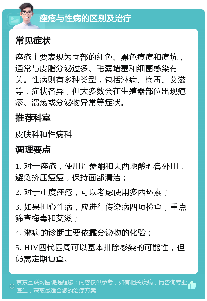 痤疮与性病的区别及治疗 常见症状 痤疮主要表现为面部的红色、黑色痘痘和痘坑，通常与皮脂分泌过多、毛囊堵塞和细菌感染有关。性病则有多种类型，包括淋病、梅毒、艾滋等，症状各异，但大多数会在生殖器部位出现疱疹、溃疡或分泌物异常等症状。 推荐科室 皮肤科和性病科 调理要点 1. 对于痤疮，使用丹参酮和夫西地酸乳膏外用，避免挤压痘痘，保持面部清洁； 2. 对于重度痤疮，可以考虑使用多西环素； 3. 如果担心性病，应进行传染病四项检查，重点筛查梅毒和艾滋； 4. 淋病的诊断主要依靠分泌物的化验； 5. HIV四代四周可以基本排除感染的可能性，但仍需定期复查。