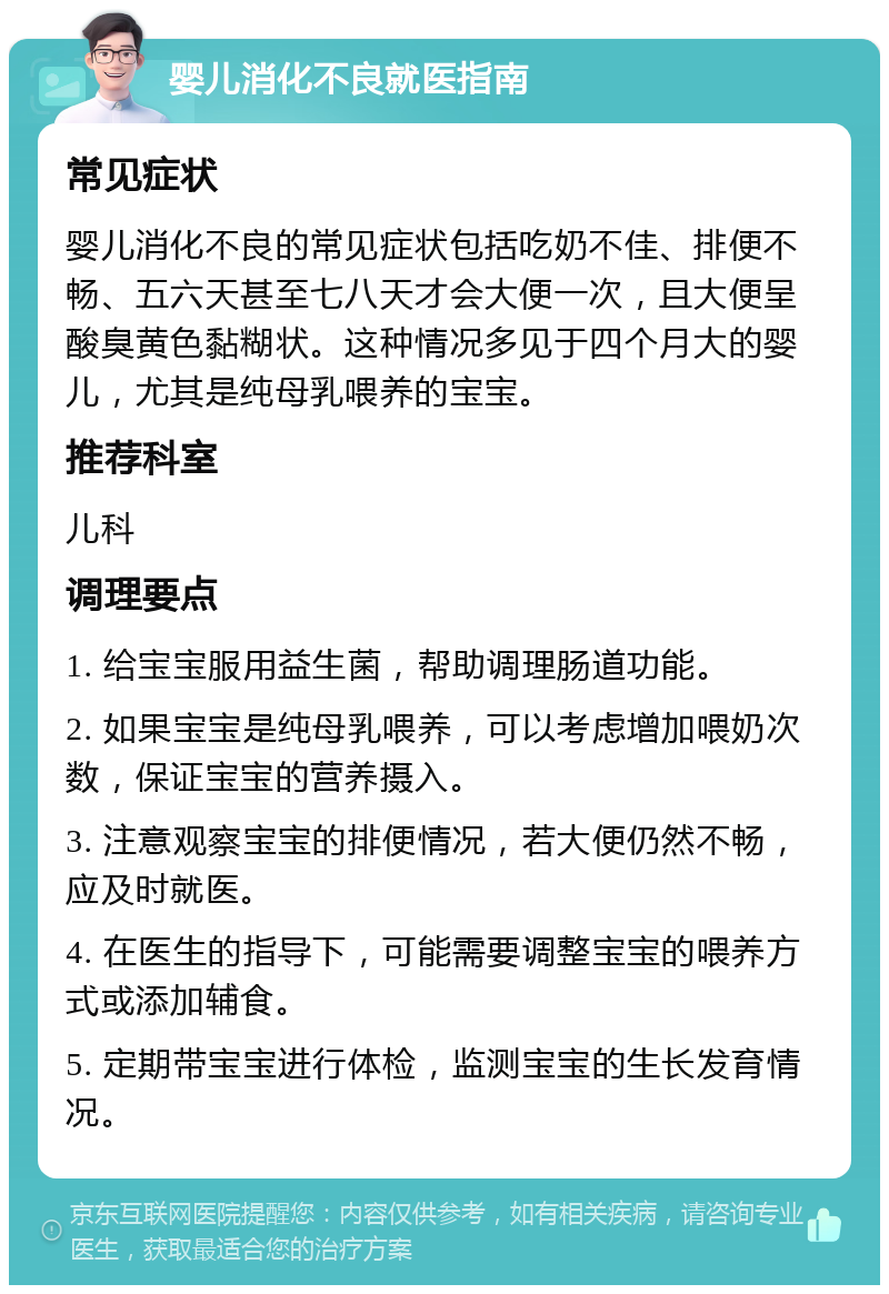 婴儿消化不良就医指南 常见症状 婴儿消化不良的常见症状包括吃奶不佳、排便不畅、五六天甚至七八天才会大便一次，且大便呈酸臭黄色黏糊状。这种情况多见于四个月大的婴儿，尤其是纯母乳喂养的宝宝。 推荐科室 儿科 调理要点 1. 给宝宝服用益生菌，帮助调理肠道功能。 2. 如果宝宝是纯母乳喂养，可以考虑增加喂奶次数，保证宝宝的营养摄入。 3. 注意观察宝宝的排便情况，若大便仍然不畅，应及时就医。 4. 在医生的指导下，可能需要调整宝宝的喂养方式或添加辅食。 5. 定期带宝宝进行体检，监测宝宝的生长发育情况。