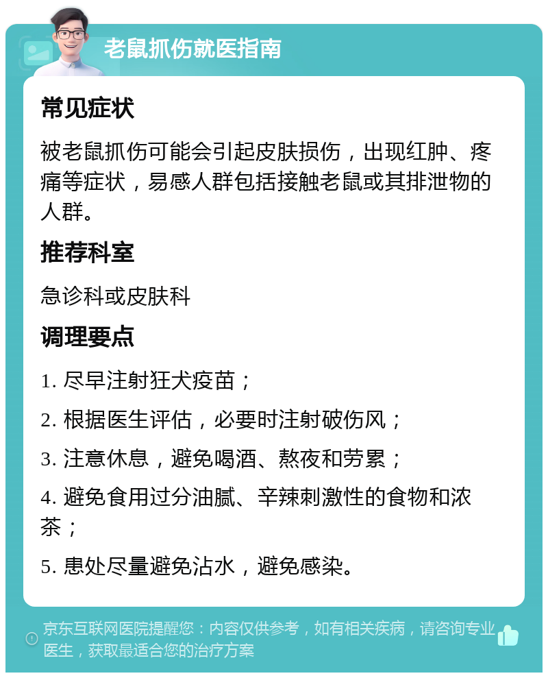 老鼠抓伤就医指南 常见症状 被老鼠抓伤可能会引起皮肤损伤，出现红肿、疼痛等症状，易感人群包括接触老鼠或其排泄物的人群。 推荐科室 急诊科或皮肤科 调理要点 1. 尽早注射狂犬疫苗； 2. 根据医生评估，必要时注射破伤风； 3. 注意休息，避免喝酒、熬夜和劳累； 4. 避免食用过分油腻、辛辣刺激性的食物和浓茶； 5. 患处尽量避免沾水，避免感染。