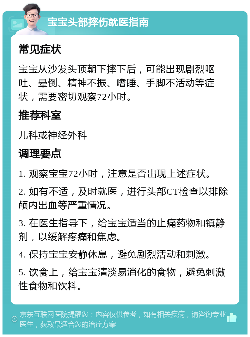 宝宝头部摔伤就医指南 常见症状 宝宝从沙发头顶朝下摔下后，可能出现剧烈呕吐、晕倒、精神不振、嗜睡、手脚不活动等症状，需要密切观察72小时。 推荐科室 儿科或神经外科 调理要点 1. 观察宝宝72小时，注意是否出现上述症状。 2. 如有不适，及时就医，进行头部CT检查以排除颅内出血等严重情况。 3. 在医生指导下，给宝宝适当的止痛药物和镇静剂，以缓解疼痛和焦虑。 4. 保持宝宝安静休息，避免剧烈活动和刺激。 5. 饮食上，给宝宝清淡易消化的食物，避免刺激性食物和饮料。