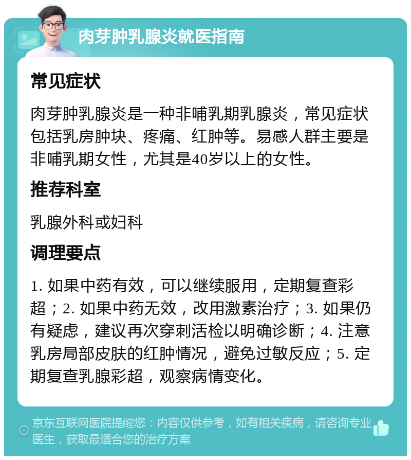 肉芽肿乳腺炎就医指南 常见症状 肉芽肿乳腺炎是一种非哺乳期乳腺炎，常见症状包括乳房肿块、疼痛、红肿等。易感人群主要是非哺乳期女性，尤其是40岁以上的女性。 推荐科室 乳腺外科或妇科 调理要点 1. 如果中药有效，可以继续服用，定期复查彩超；2. 如果中药无效，改用激素治疗；3. 如果仍有疑虑，建议再次穿刺活检以明确诊断；4. 注意乳房局部皮肤的红肿情况，避免过敏反应；5. 定期复查乳腺彩超，观察病情变化。