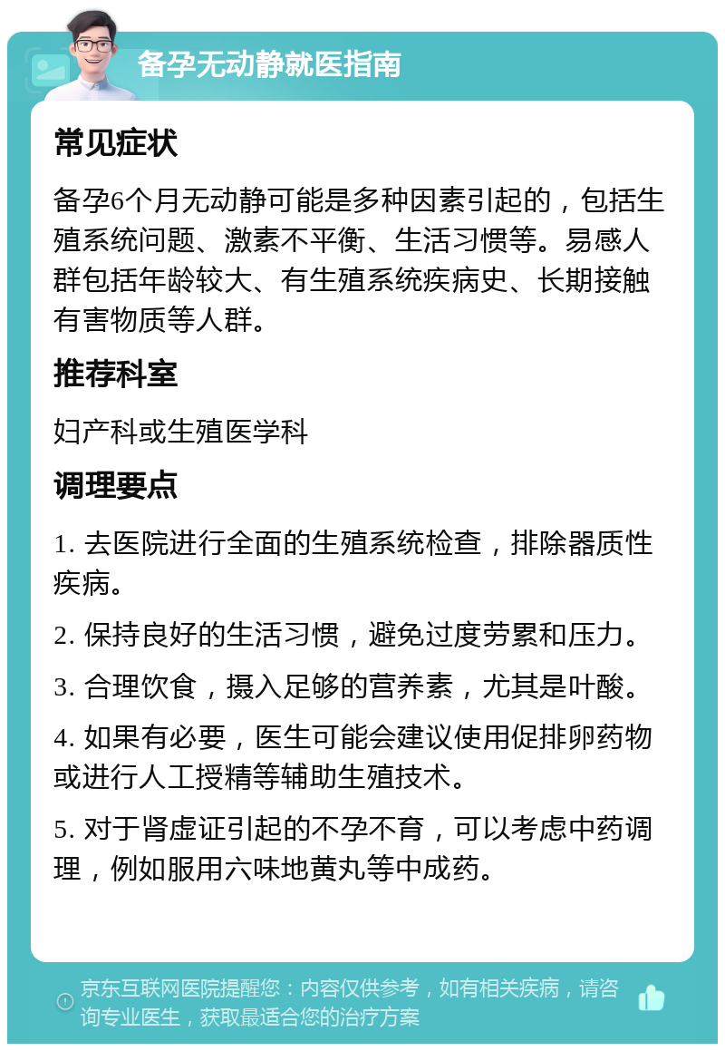 备孕无动静就医指南 常见症状 备孕6个月无动静可能是多种因素引起的，包括生殖系统问题、激素不平衡、生活习惯等。易感人群包括年龄较大、有生殖系统疾病史、长期接触有害物质等人群。 推荐科室 妇产科或生殖医学科 调理要点 1. 去医院进行全面的生殖系统检查，排除器质性疾病。 2. 保持良好的生活习惯，避免过度劳累和压力。 3. 合理饮食，摄入足够的营养素，尤其是叶酸。 4. 如果有必要，医生可能会建议使用促排卵药物或进行人工授精等辅助生殖技术。 5. 对于肾虚证引起的不孕不育，可以考虑中药调理，例如服用六味地黄丸等中成药。