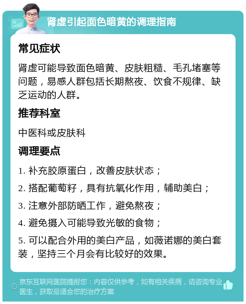 肾虚引起面色暗黄的调理指南 常见症状 肾虚可能导致面色暗黄、皮肤粗糙、毛孔堵塞等问题，易感人群包括长期熬夜、饮食不规律、缺乏运动的人群。 推荐科室 中医科或皮肤科 调理要点 1. 补充胶原蛋白，改善皮肤状态； 2. 搭配葡萄籽，具有抗氧化作用，辅助美白； 3. 注意外部防晒工作，避免熬夜； 4. 避免摄入可能导致光敏的食物； 5. 可以配合外用的美白产品，如薇诺娜的美白套装，坚持三个月会有比较好的效果。