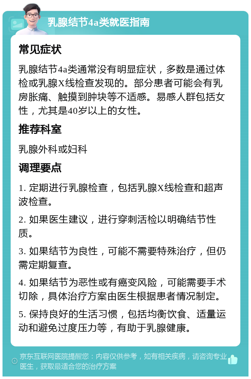 乳腺结节4a类就医指南 常见症状 乳腺结节4a类通常没有明显症状，多数是通过体检或乳腺X线检查发现的。部分患者可能会有乳房胀痛、触摸到肿块等不适感。易感人群包括女性，尤其是40岁以上的女性。 推荐科室 乳腺外科或妇科 调理要点 1. 定期进行乳腺检查，包括乳腺X线检查和超声波检查。 2. 如果医生建议，进行穿刺活检以明确结节性质。 3. 如果结节为良性，可能不需要特殊治疗，但仍需定期复查。 4. 如果结节为恶性或有癌变风险，可能需要手术切除，具体治疗方案由医生根据患者情况制定。 5. 保持良好的生活习惯，包括均衡饮食、适量运动和避免过度压力等，有助于乳腺健康。