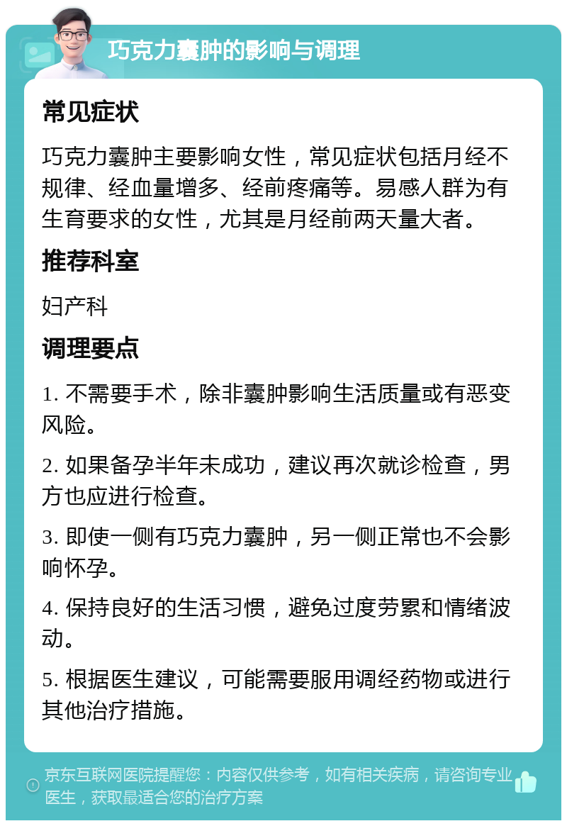 巧克力囊肿的影响与调理 常见症状 巧克力囊肿主要影响女性，常见症状包括月经不规律、经血量增多、经前疼痛等。易感人群为有生育要求的女性，尤其是月经前两天量大者。 推荐科室 妇产科 调理要点 1. 不需要手术，除非囊肿影响生活质量或有恶变风险。 2. 如果备孕半年未成功，建议再次就诊检查，男方也应进行检查。 3. 即使一侧有巧克力囊肿，另一侧正常也不会影响怀孕。 4. 保持良好的生活习惯，避免过度劳累和情绪波动。 5. 根据医生建议，可能需要服用调经药物或进行其他治疗措施。