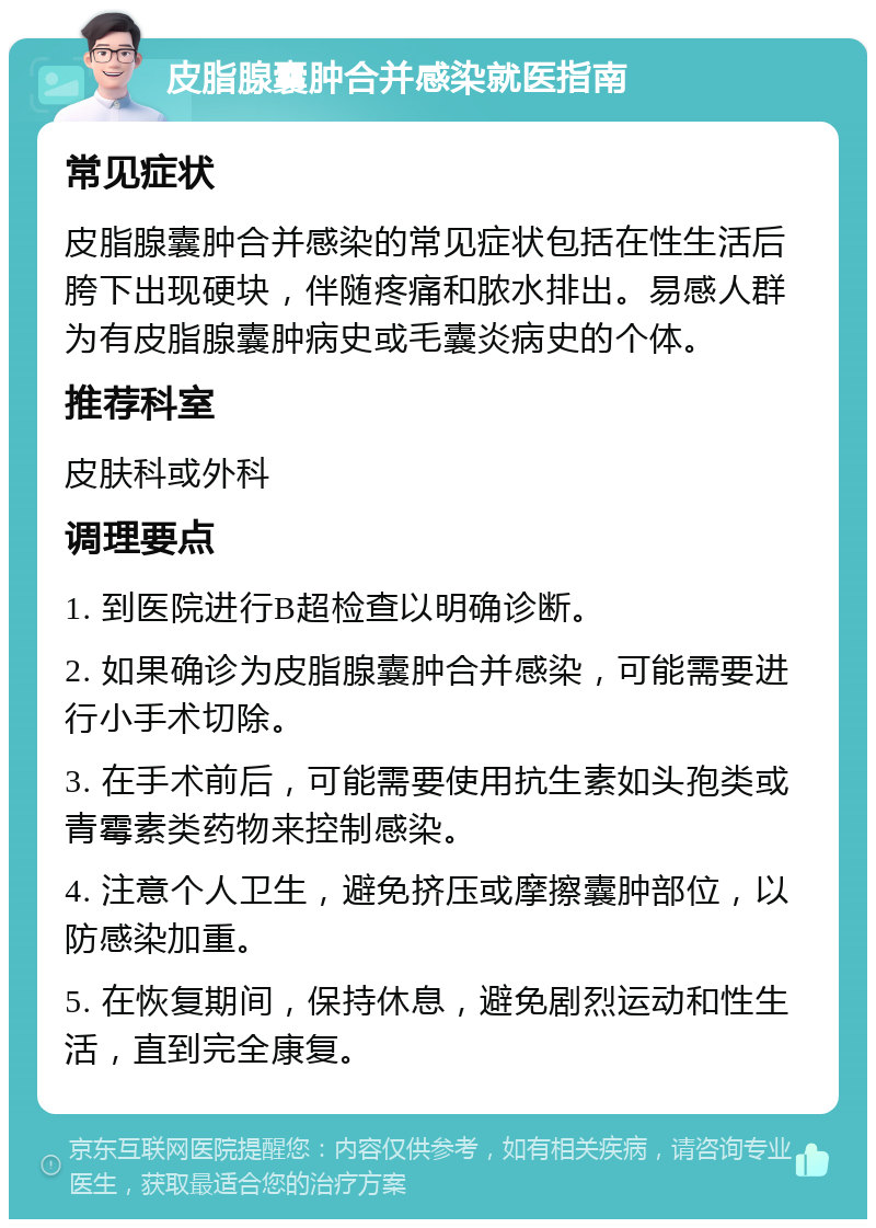 皮脂腺囊肿合并感染就医指南 常见症状 皮脂腺囊肿合并感染的常见症状包括在性生活后胯下出现硬块，伴随疼痛和脓水排出。易感人群为有皮脂腺囊肿病史或毛囊炎病史的个体。 推荐科室 皮肤科或外科 调理要点 1. 到医院进行B超检查以明确诊断。 2. 如果确诊为皮脂腺囊肿合并感染，可能需要进行小手术切除。 3. 在手术前后，可能需要使用抗生素如头孢类或青霉素类药物来控制感染。 4. 注意个人卫生，避免挤压或摩擦囊肿部位，以防感染加重。 5. 在恢复期间，保持休息，避免剧烈运动和性生活，直到完全康复。