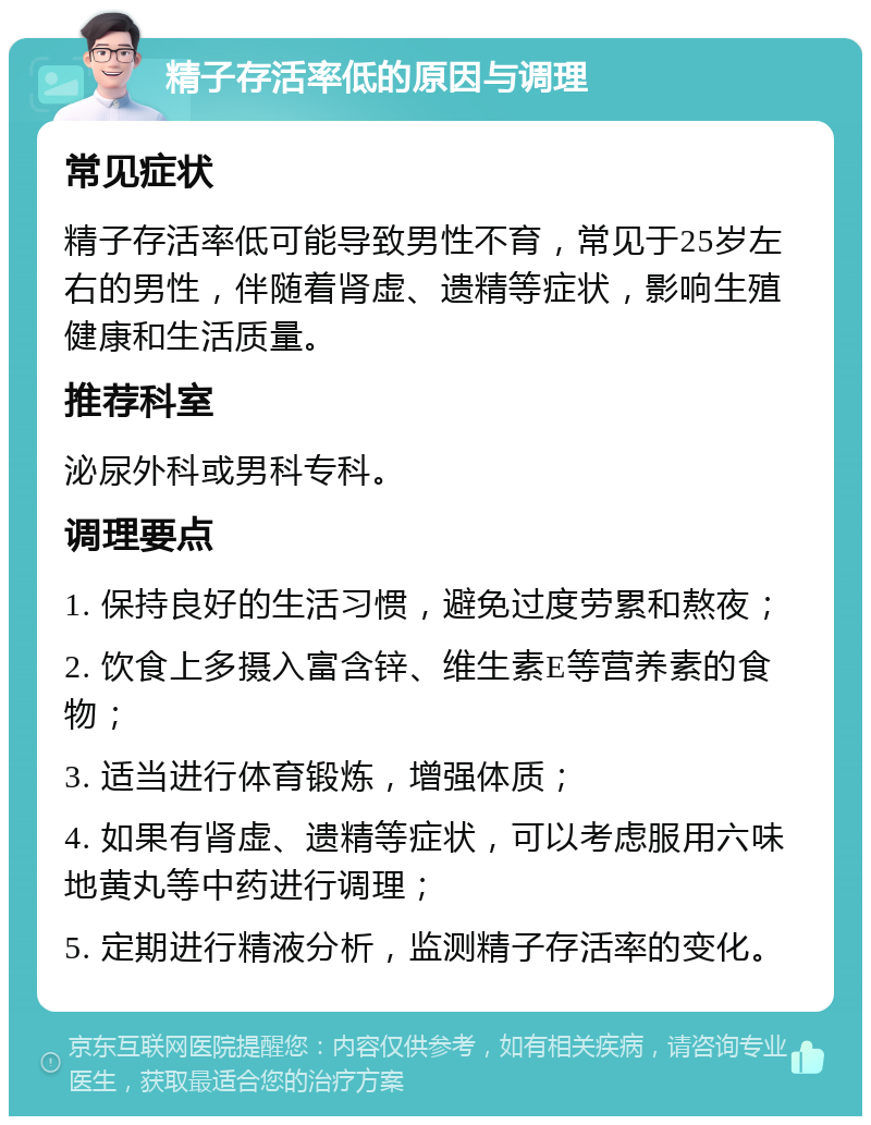 精子存活率低的原因与调理 常见症状 精子存活率低可能导致男性不育，常见于25岁左右的男性，伴随着肾虚、遗精等症状，影响生殖健康和生活质量。 推荐科室 泌尿外科或男科专科。 调理要点 1. 保持良好的生活习惯，避免过度劳累和熬夜； 2. 饮食上多摄入富含锌、维生素E等营养素的食物； 3. 适当进行体育锻炼，增强体质； 4. 如果有肾虚、遗精等症状，可以考虑服用六味地黄丸等中药进行调理； 5. 定期进行精液分析，监测精子存活率的变化。