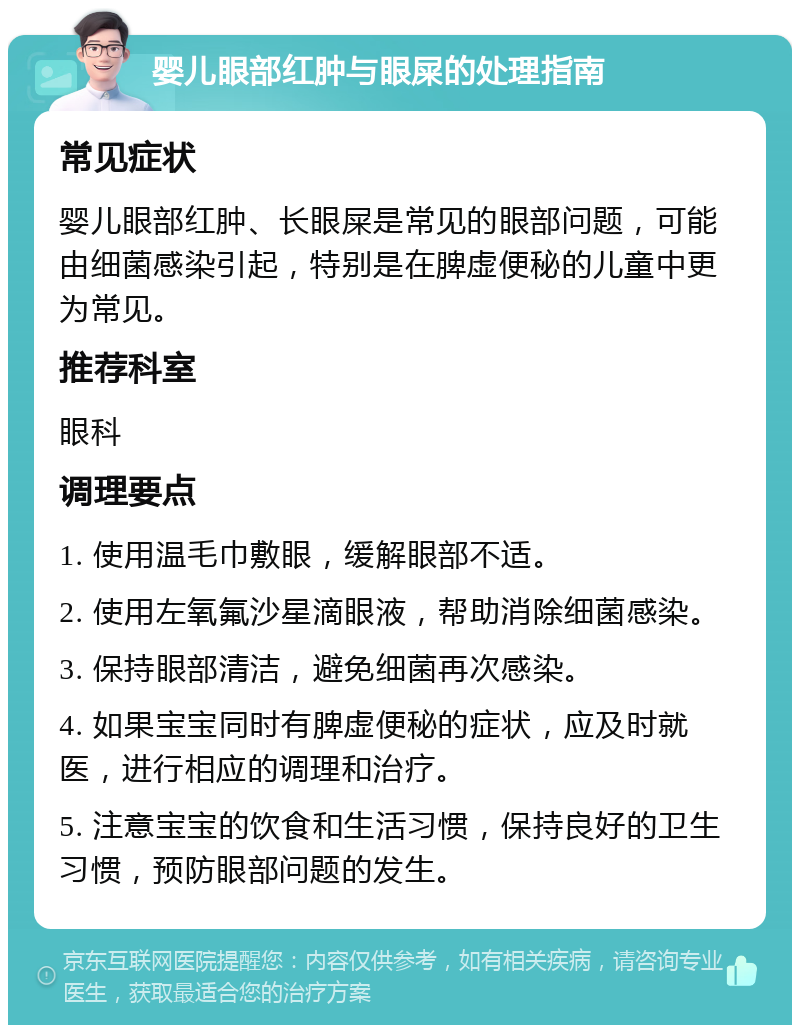 婴儿眼部红肿与眼屎的处理指南 常见症状 婴儿眼部红肿、长眼屎是常见的眼部问题，可能由细菌感染引起，特别是在脾虚便秘的儿童中更为常见。 推荐科室 眼科 调理要点 1. 使用温毛巾敷眼，缓解眼部不适。 2. 使用左氧氟沙星滴眼液，帮助消除细菌感染。 3. 保持眼部清洁，避免细菌再次感染。 4. 如果宝宝同时有脾虚便秘的症状，应及时就医，进行相应的调理和治疗。 5. 注意宝宝的饮食和生活习惯，保持良好的卫生习惯，预防眼部问题的发生。