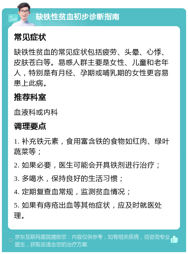 缺铁性贫血初步诊断指南 常见症状 缺铁性贫血的常见症状包括疲劳、头晕、心悸、皮肤苍白等。易感人群主要是女性、儿童和老年人，特别是有月经、孕期或哺乳期的女性更容易患上此病。 推荐科室 血液科或内科 调理要点 1. 补充铁元素，食用富含铁的食物如红肉、绿叶蔬菜等； 2. 如果必要，医生可能会开具铁剂进行治疗； 3. 多喝水，保持良好的生活习惯； 4. 定期复查血常规，监测贫血情况； 5. 如果有痔疮出血等其他症状，应及时就医处理。