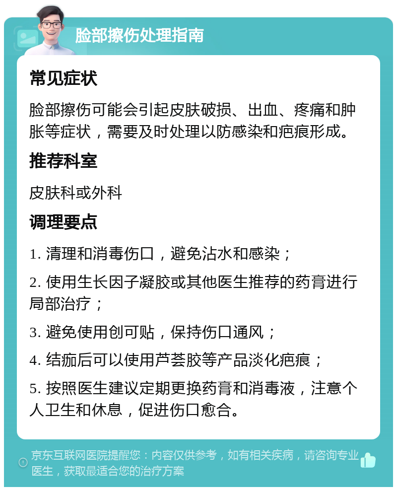 脸部擦伤处理指南 常见症状 脸部擦伤可能会引起皮肤破损、出血、疼痛和肿胀等症状，需要及时处理以防感染和疤痕形成。 推荐科室 皮肤科或外科 调理要点 1. 清理和消毒伤口，避免沾水和感染； 2. 使用生长因子凝胶或其他医生推荐的药膏进行局部治疗； 3. 避免使用创可贴，保持伤口通风； 4. 结痂后可以使用芦荟胶等产品淡化疤痕； 5. 按照医生建议定期更换药膏和消毒液，注意个人卫生和休息，促进伤口愈合。