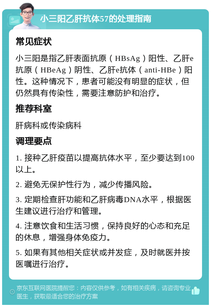 小三阳乙肝抗体57的处理指南 常见症状 小三阳是指乙肝表面抗原（HBsAg）阳性、乙肝e抗原（HBeAg）阴性、乙肝e抗体（anti-HBe）阳性。这种情况下，患者可能没有明显的症状，但仍然具有传染性，需要注意防护和治疗。 推荐科室 肝病科或传染病科 调理要点 1. 接种乙肝疫苗以提高抗体水平，至少要达到100以上。 2. 避免无保护性行为，减少传播风险。 3. 定期检查肝功能和乙肝病毒DNA水平，根据医生建议进行治疗和管理。 4. 注意饮食和生活习惯，保持良好的心态和充足的休息，增强身体免疫力。 5. 如果有其他相关症状或并发症，及时就医并按医嘱进行治疗。