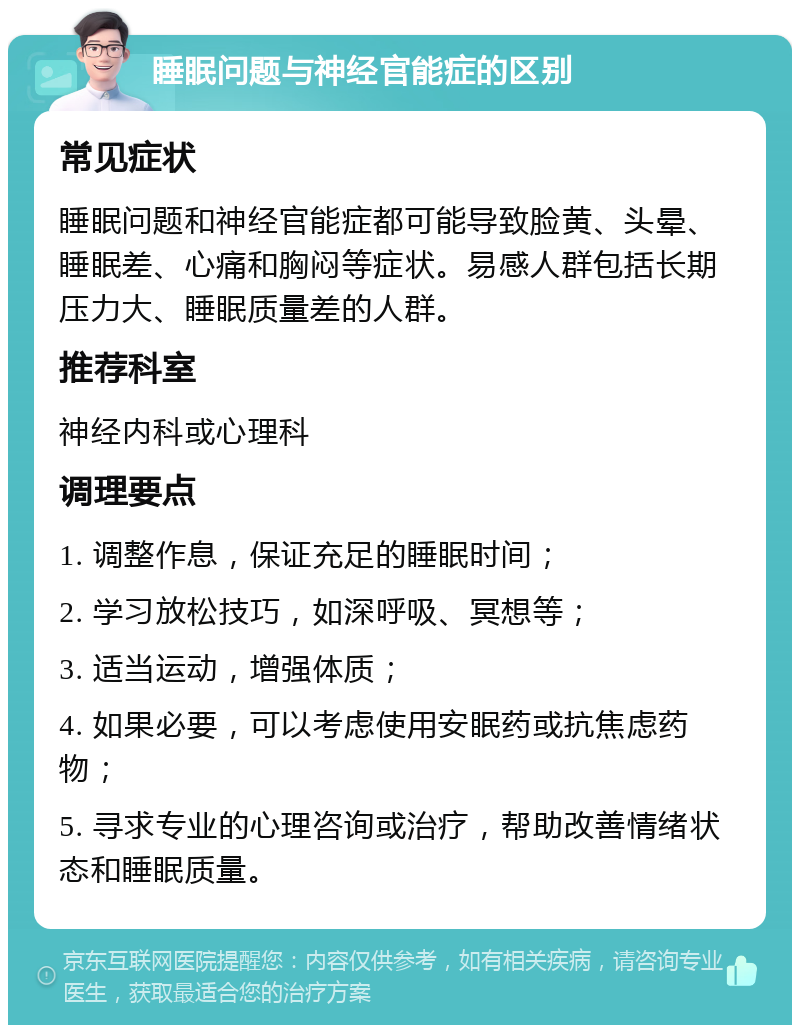 睡眠问题与神经官能症的区别 常见症状 睡眠问题和神经官能症都可能导致脸黄、头晕、睡眠差、心痛和胸闷等症状。易感人群包括长期压力大、睡眠质量差的人群。 推荐科室 神经内科或心理科 调理要点 1. 调整作息，保证充足的睡眠时间； 2. 学习放松技巧，如深呼吸、冥想等； 3. 适当运动，增强体质； 4. 如果必要，可以考虑使用安眠药或抗焦虑药物； 5. 寻求专业的心理咨询或治疗，帮助改善情绪状态和睡眠质量。