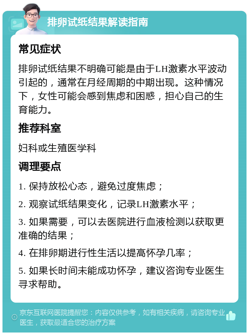 排卵试纸结果解读指南 常见症状 排卵试纸结果不明确可能是由于LH激素水平波动引起的，通常在月经周期的中期出现。这种情况下，女性可能会感到焦虑和困惑，担心自己的生育能力。 推荐科室 妇科或生殖医学科 调理要点 1. 保持放松心态，避免过度焦虑； 2. 观察试纸结果变化，记录LH激素水平； 3. 如果需要，可以去医院进行血液检测以获取更准确的结果； 4. 在排卵期进行性生活以提高怀孕几率； 5. 如果长时间未能成功怀孕，建议咨询专业医生寻求帮助。