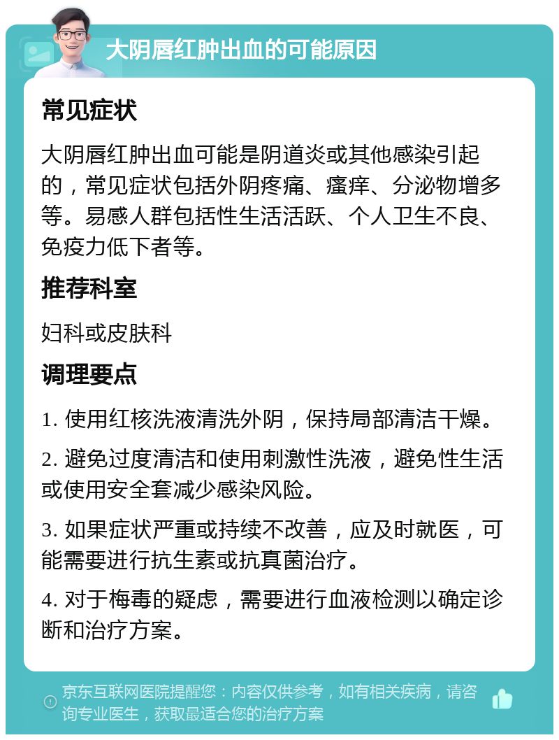 大阴唇红肿出血的可能原因 常见症状 大阴唇红肿出血可能是阴道炎或其他感染引起的，常见症状包括外阴疼痛、瘙痒、分泌物增多等。易感人群包括性生活活跃、个人卫生不良、免疫力低下者等。 推荐科室 妇科或皮肤科 调理要点 1. 使用红核洗液清洗外阴，保持局部清洁干燥。 2. 避免过度清洁和使用刺激性洗液，避免性生活或使用安全套减少感染风险。 3. 如果症状严重或持续不改善，应及时就医，可能需要进行抗生素或抗真菌治疗。 4. 对于梅毒的疑虑，需要进行血液检测以确定诊断和治疗方案。