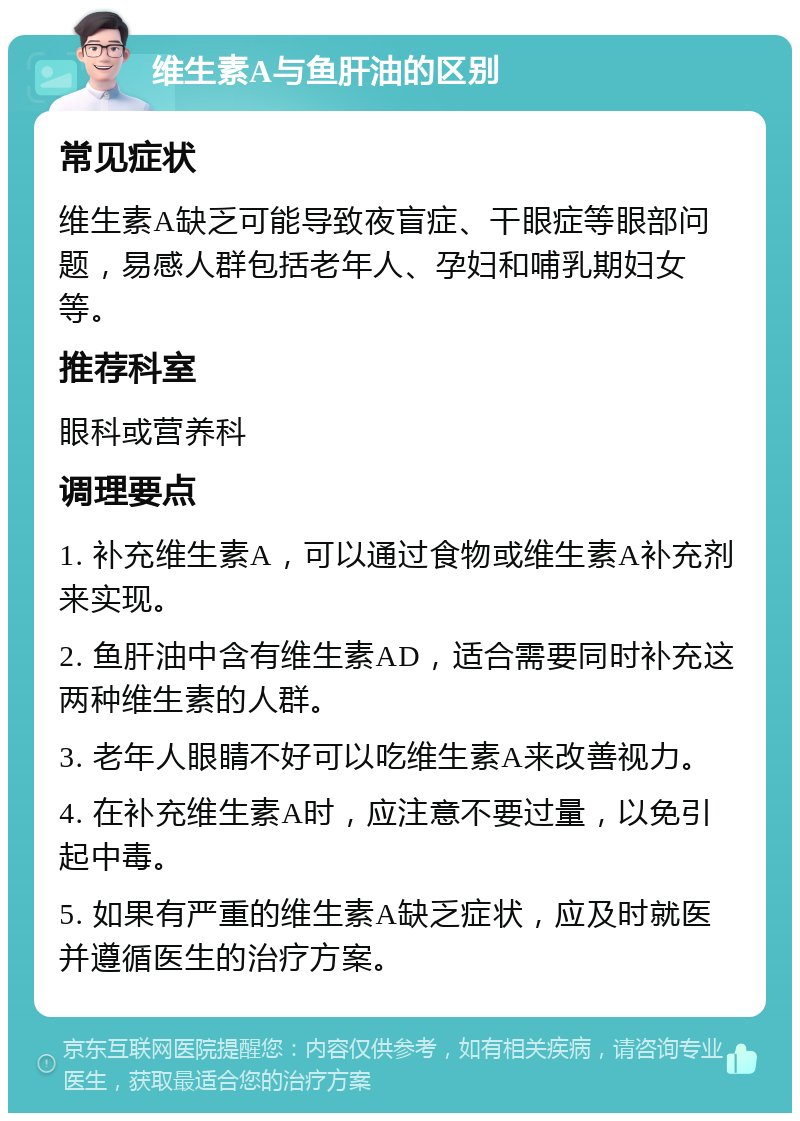 维生素A与鱼肝油的区别 常见症状 维生素A缺乏可能导致夜盲症、干眼症等眼部问题，易感人群包括老年人、孕妇和哺乳期妇女等。 推荐科室 眼科或营养科 调理要点 1. 补充维生素A，可以通过食物或维生素A补充剂来实现。 2. 鱼肝油中含有维生素AD，适合需要同时补充这两种维生素的人群。 3. 老年人眼睛不好可以吃维生素A来改善视力。 4. 在补充维生素A时，应注意不要过量，以免引起中毒。 5. 如果有严重的维生素A缺乏症状，应及时就医并遵循医生的治疗方案。