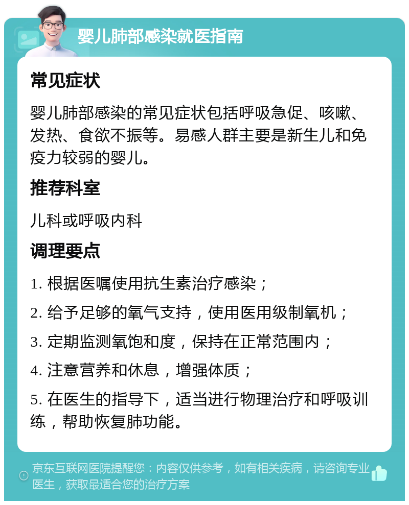 婴儿肺部感染就医指南 常见症状 婴儿肺部感染的常见症状包括呼吸急促、咳嗽、发热、食欲不振等。易感人群主要是新生儿和免疫力较弱的婴儿。 推荐科室 儿科或呼吸内科 调理要点 1. 根据医嘱使用抗生素治疗感染； 2. 给予足够的氧气支持，使用医用级制氧机； 3. 定期监测氧饱和度，保持在正常范围内； 4. 注意营养和休息，增强体质； 5. 在医生的指导下，适当进行物理治疗和呼吸训练，帮助恢复肺功能。