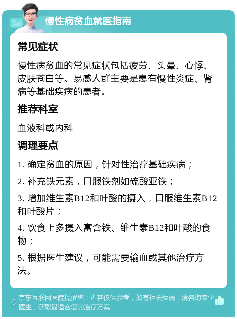 慢性病贫血就医指南 常见症状 慢性病贫血的常见症状包括疲劳、头晕、心悸、皮肤苍白等。易感人群主要是患有慢性炎症、肾病等基础疾病的患者。 推荐科室 血液科或内科 调理要点 1. 确定贫血的原因，针对性治疗基础疾病； 2. 补充铁元素，口服铁剂如硫酸亚铁； 3. 增加维生素B12和叶酸的摄入，口服维生素B12和叶酸片； 4. 饮食上多摄入富含铁、维生素B12和叶酸的食物； 5. 根据医生建议，可能需要输血或其他治疗方法。