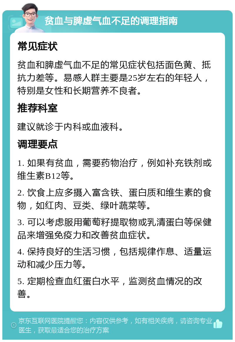 贫血与脾虚气血不足的调理指南 常见症状 贫血和脾虚气血不足的常见症状包括面色黄、抵抗力差等。易感人群主要是25岁左右的年轻人，特别是女性和长期营养不良者。 推荐科室 建议就诊于内科或血液科。 调理要点 1. 如果有贫血，需要药物治疗，例如补充铁剂或维生素B12等。 2. 饮食上应多摄入富含铁、蛋白质和维生素的食物，如红肉、豆类、绿叶蔬菜等。 3. 可以考虑服用葡萄籽提取物或乳清蛋白等保健品来增强免疫力和改善贫血症状。 4. 保持良好的生活习惯，包括规律作息、适量运动和减少压力等。 5. 定期检查血红蛋白水平，监测贫血情况的改善。