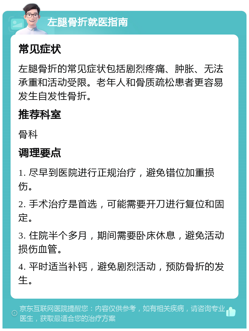 左腿骨折就医指南 常见症状 左腿骨折的常见症状包括剧烈疼痛、肿胀、无法承重和活动受限。老年人和骨质疏松患者更容易发生自发性骨折。 推荐科室 骨科 调理要点 1. 尽早到医院进行正规治疗，避免错位加重损伤。 2. 手术治疗是首选，可能需要开刀进行复位和固定。 3. 住院半个多月，期间需要卧床休息，避免活动损伤血管。 4. 平时适当补钙，避免剧烈活动，预防骨折的发生。