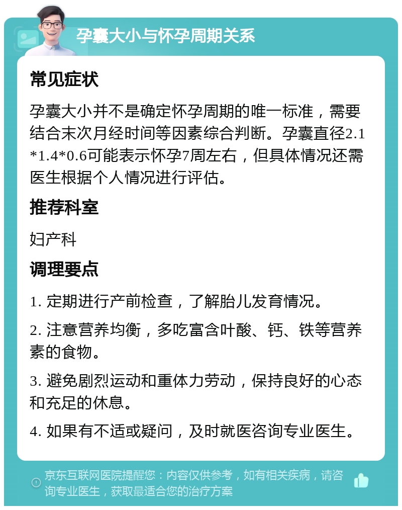 孕囊大小与怀孕周期关系 常见症状 孕囊大小并不是确定怀孕周期的唯一标准，需要结合末次月经时间等因素综合判断。孕囊直径2.1*1.4*0.6可能表示怀孕7周左右，但具体情况还需医生根据个人情况进行评估。 推荐科室 妇产科 调理要点 1. 定期进行产前检查，了解胎儿发育情况。 2. 注意营养均衡，多吃富含叶酸、钙、铁等营养素的食物。 3. 避免剧烈运动和重体力劳动，保持良好的心态和充足的休息。 4. 如果有不适或疑问，及时就医咨询专业医生。