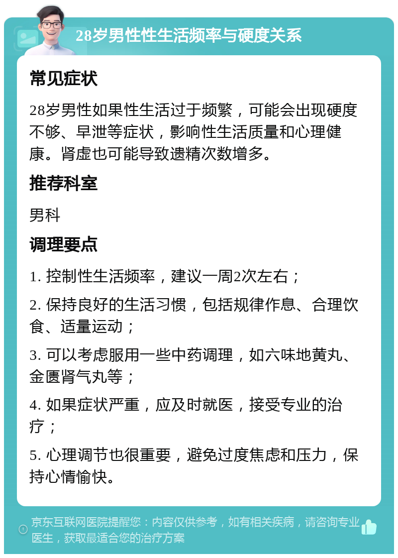 28岁男性性生活频率与硬度关系 常见症状 28岁男性如果性生活过于频繁，可能会出现硬度不够、早泄等症状，影响性生活质量和心理健康。肾虚也可能导致遗精次数增多。 推荐科室 男科 调理要点 1. 控制性生活频率，建议一周2次左右； 2. 保持良好的生活习惯，包括规律作息、合理饮食、适量运动； 3. 可以考虑服用一些中药调理，如六味地黄丸、金匮肾气丸等； 4. 如果症状严重，应及时就医，接受专业的治疗； 5. 心理调节也很重要，避免过度焦虑和压力，保持心情愉快。