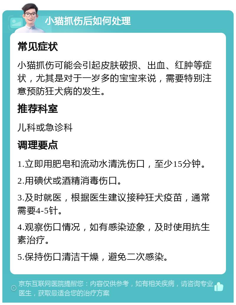 小猫抓伤后如何处理 常见症状 小猫抓伤可能会引起皮肤破损、出血、红肿等症状，尤其是对于一岁多的宝宝来说，需要特别注意预防狂犬病的发生。 推荐科室 儿科或急诊科 调理要点 1.立即用肥皂和流动水清洗伤口，至少15分钟。 2.用碘伏或酒精消毒伤口。 3.及时就医，根据医生建议接种狂犬疫苗，通常需要4-5针。 4.观察伤口情况，如有感染迹象，及时使用抗生素治疗。 5.保持伤口清洁干燥，避免二次感染。