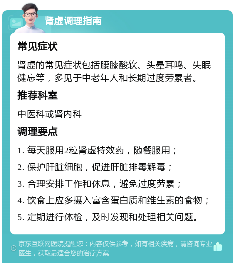 肾虚调理指南 常见症状 肾虚的常见症状包括腰膝酸软、头晕耳鸣、失眠健忘等，多见于中老年人和长期过度劳累者。 推荐科室 中医科或肾内科 调理要点 1. 每天服用2粒肾虚特效药，随餐服用； 2. 保护肝脏细胞，促进肝脏排毒解毒； 3. 合理安排工作和休息，避免过度劳累； 4. 饮食上应多摄入富含蛋白质和维生素的食物； 5. 定期进行体检，及时发现和处理相关问题。