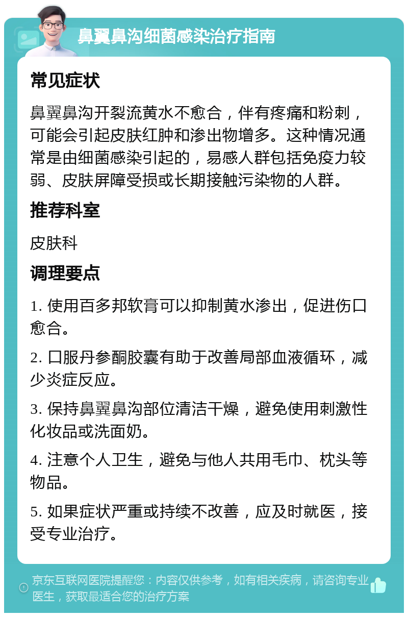 鼻翼鼻沟细菌感染治疗指南 常见症状 鼻翼鼻沟开裂流黄水不愈合，伴有疼痛和粉刺，可能会引起皮肤红肿和渗出物增多。这种情况通常是由细菌感染引起的，易感人群包括免疫力较弱、皮肤屏障受损或长期接触污染物的人群。 推荐科室 皮肤科 调理要点 1. 使用百多邦软膏可以抑制黄水渗出，促进伤口愈合。 2. 口服丹参酮胶囊有助于改善局部血液循环，减少炎症反应。 3. 保持鼻翼鼻沟部位清洁干燥，避免使用刺激性化妆品或洗面奶。 4. 注意个人卫生，避免与他人共用毛巾、枕头等物品。 5. 如果症状严重或持续不改善，应及时就医，接受专业治疗。