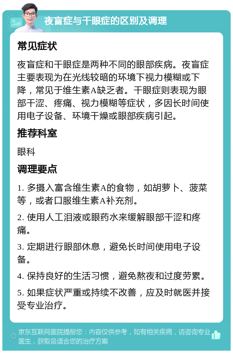 夜盲症与干眼症的区别及调理 常见症状 夜盲症和干眼症是两种不同的眼部疾病。夜盲症主要表现为在光线较暗的环境下视力模糊或下降，常见于维生素A缺乏者。干眼症则表现为眼部干涩、疼痛、视力模糊等症状，多因长时间使用电子设备、环境干燥或眼部疾病引起。 推荐科室 眼科 调理要点 1. 多摄入富含维生素A的食物，如胡萝卜、菠菜等，或者口服维生素A补充剂。 2. 使用人工泪液或眼药水来缓解眼部干涩和疼痛。 3. 定期进行眼部休息，避免长时间使用电子设备。 4. 保持良好的生活习惯，避免熬夜和过度劳累。 5. 如果症状严重或持续不改善，应及时就医并接受专业治疗。