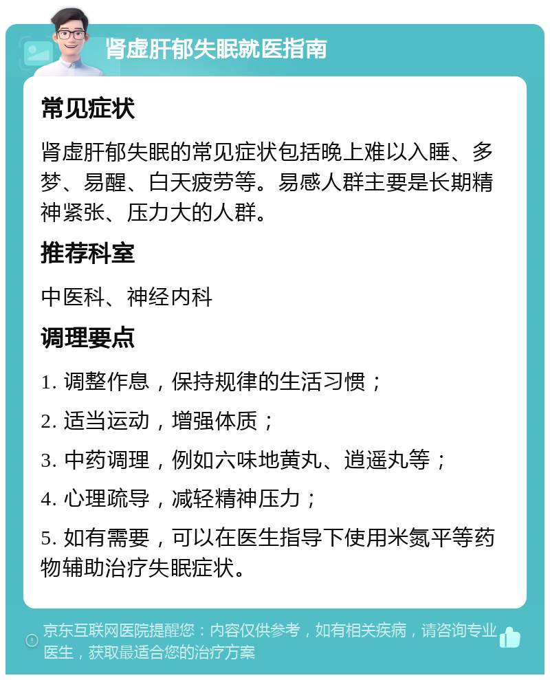 肾虚肝郁失眠就医指南 常见症状 肾虚肝郁失眠的常见症状包括晚上难以入睡、多梦、易醒、白天疲劳等。易感人群主要是长期精神紧张、压力大的人群。 推荐科室 中医科、神经内科 调理要点 1. 调整作息，保持规律的生活习惯； 2. 适当运动，增强体质； 3. 中药调理，例如六味地黄丸、逍遥丸等； 4. 心理疏导，减轻精神压力； 5. 如有需要，可以在医生指导下使用米氮平等药物辅助治疗失眠症状。